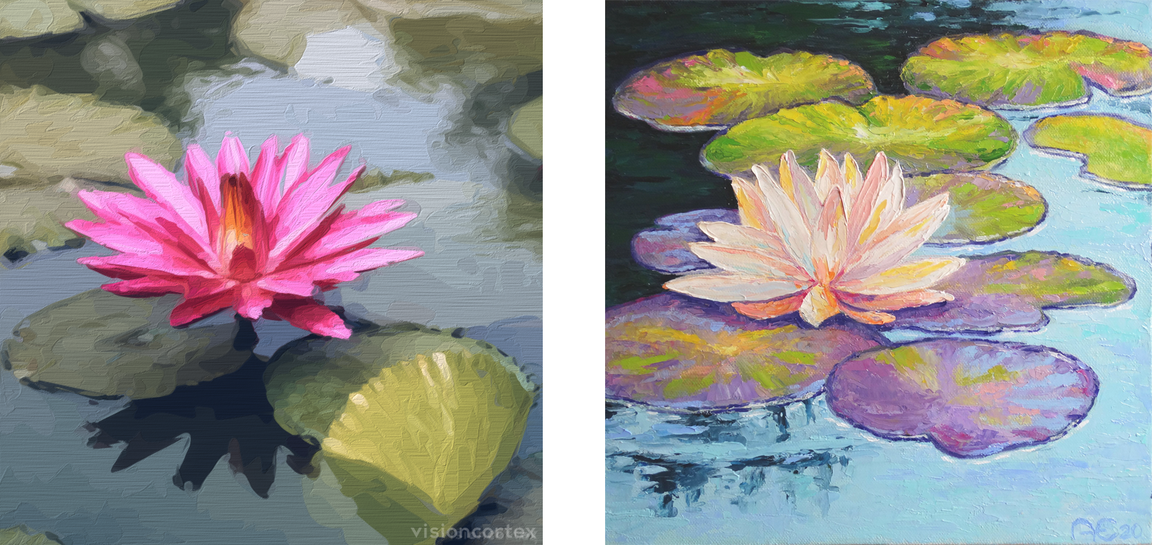 Left: Artwork generated by Impression; Right: Water Lilies Painting by Claude Monet